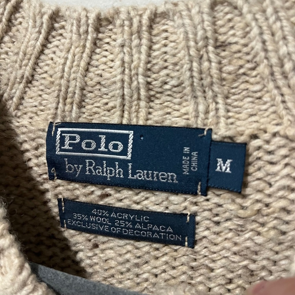 Polo Ralph Lauren Sweater Mens Medium Beige Knit Wool Alpaca Elbow Patches - Picture 3 of 6